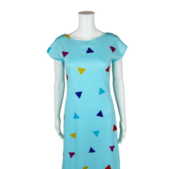 Vintage 80s Triangle Print Dress Blue Multi Colored Funky New Wave Pullover - Picture 5 of 10